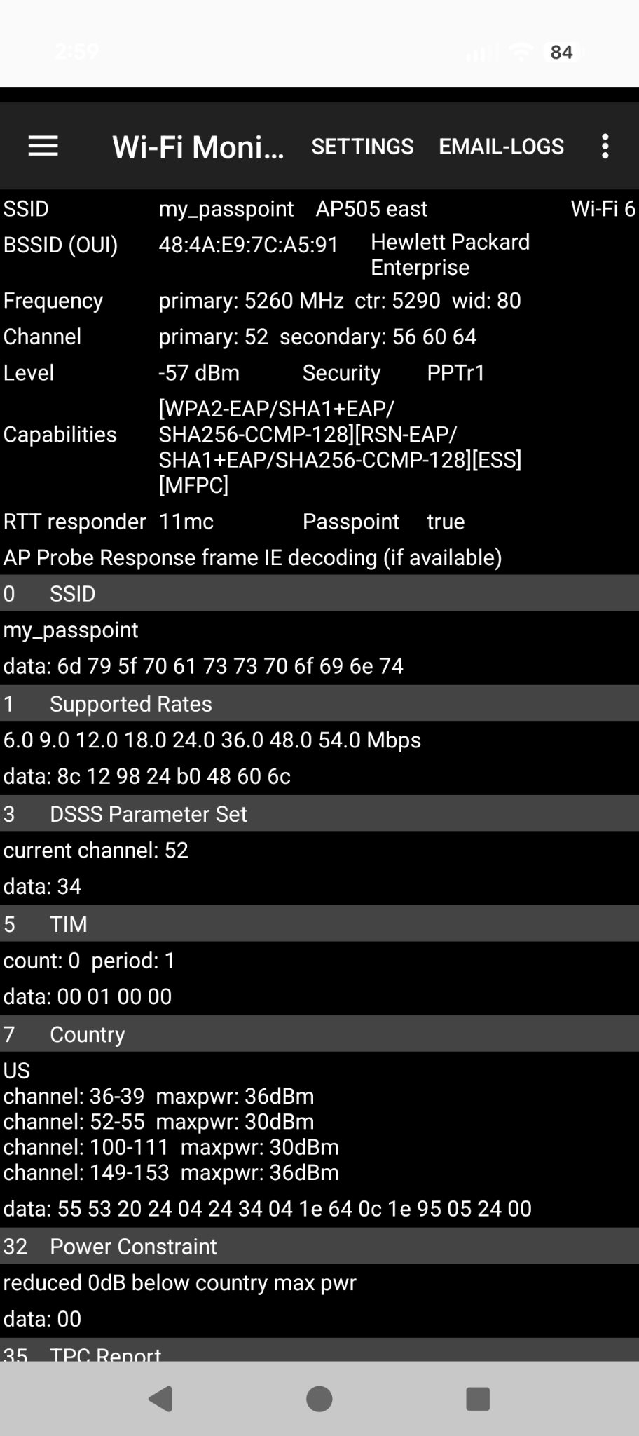 AP detail screen for my_passpoint showing AP name, BSSID and OUI vendor, channel and security information, RTT responder, and probe response information elements