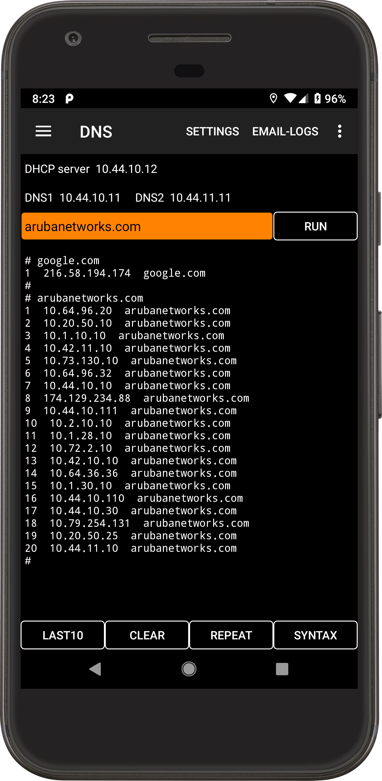 March 2023 DNS screen in Aruba Utilities