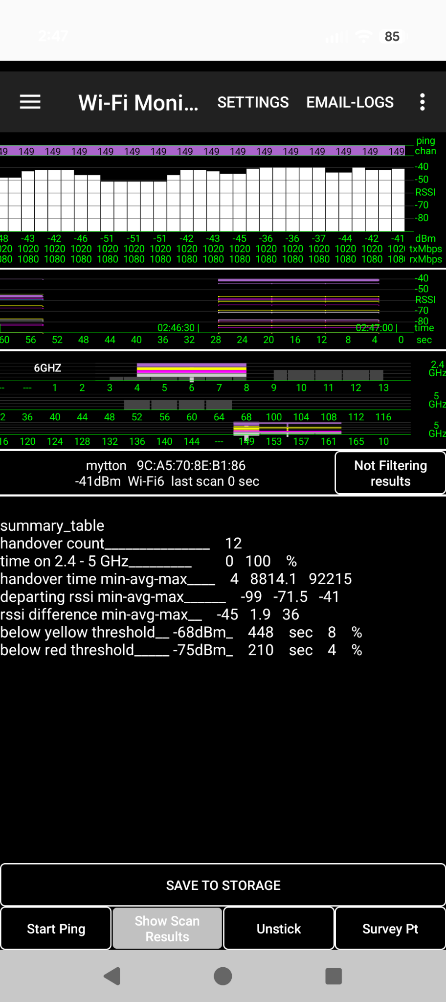 September 2026 handover summary with count, handover time, departing RSSI, RSSI difference, threshold time and Save to Storage button; bottom toggle says Show Scan Results