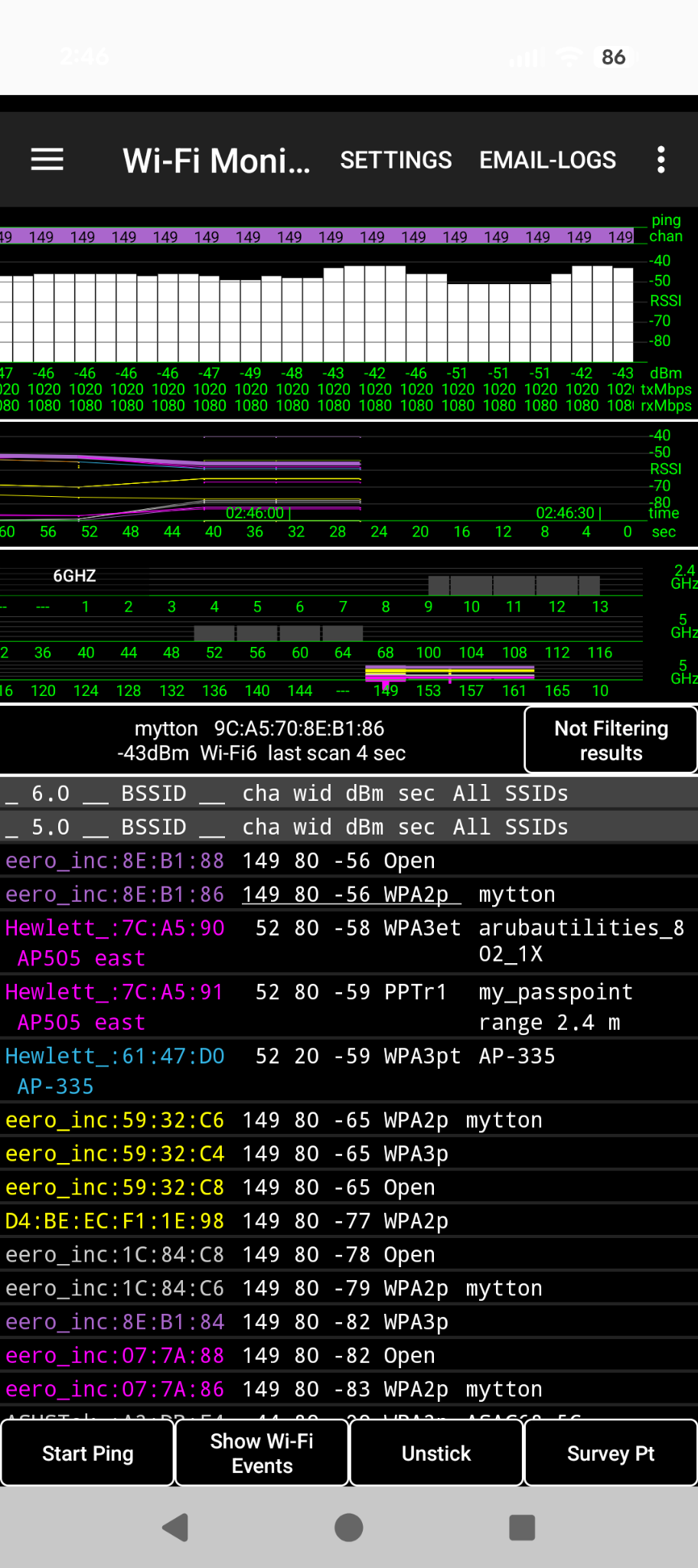 September 2026 Wi-Fi Monitor scan results with the BSSID table; bottom button says Show Wi-Fi Events