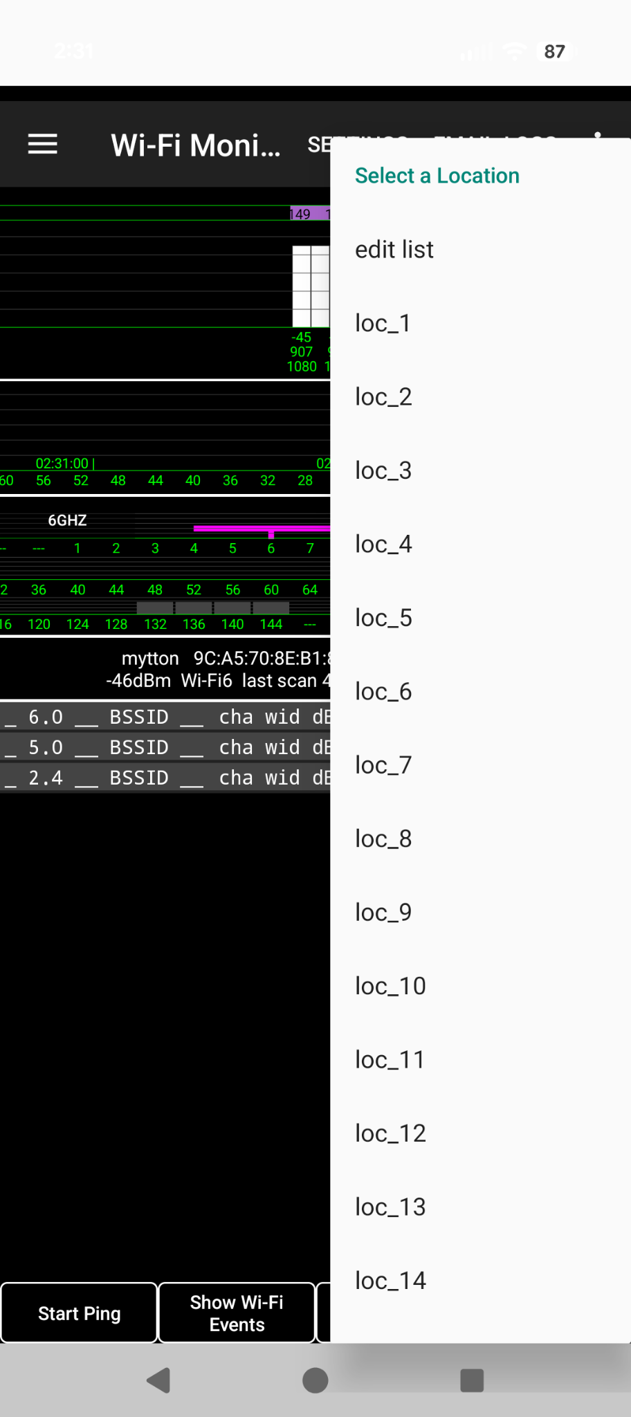 September 2026 Wi-Fi Monitor screenshot: Select a Location dialog opened by long-pressing Survey Pt, with edit list and saved locations