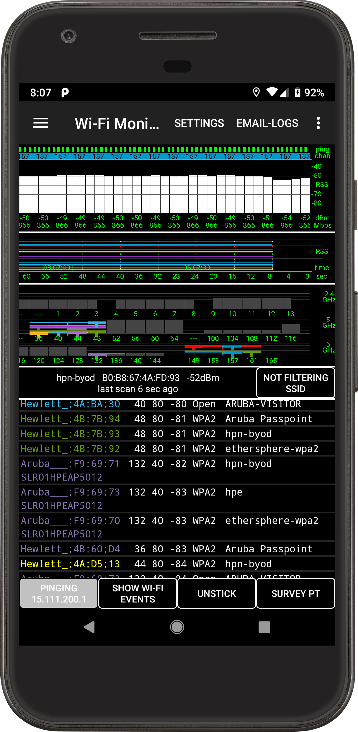 Wi-Fi Monitor with connection history, neighbor traces, channel plan and BSSID list